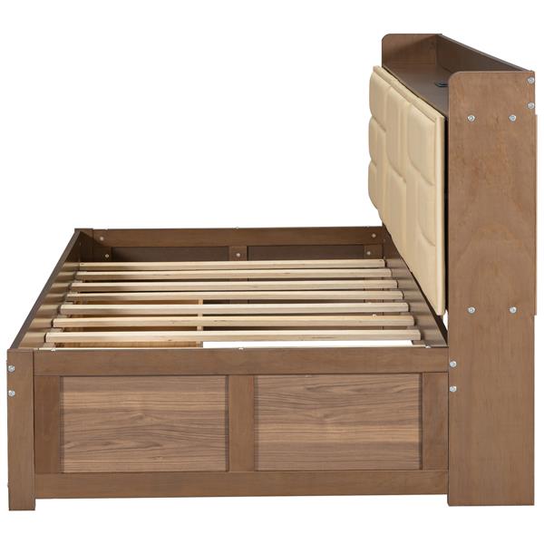 Twin Size Wood Daybed with Upholstered Storage Shelves, USB Ports and 2 Drawers, Wood Color