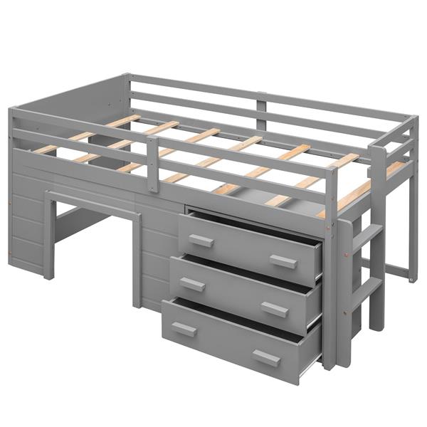 Twin Size Loft Bed with Cabinet and Shelf - Gray