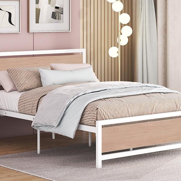 Full Size Platform Bed, Metal and Wood Bed Frame with Headboard and Footboard , White