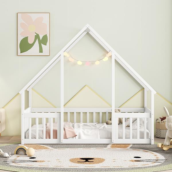 Twin Wood House-Shaped Floor Bed with Fence, Guardrails ,White