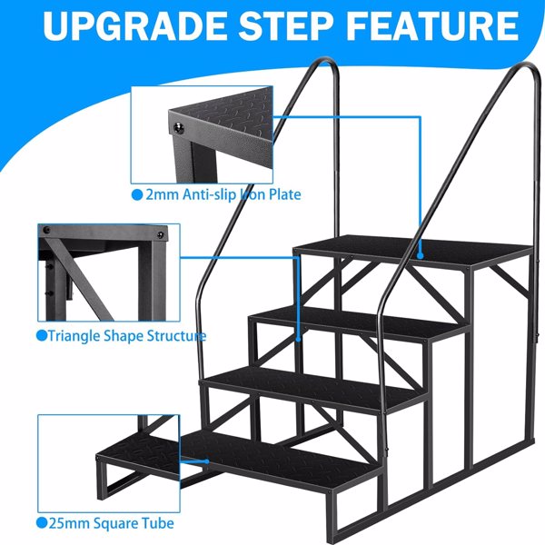 RV Step Stool, 4 Step Ladder, Hot Tub Steps with Handrail, Portable Pool Ladder, 660Lbs Heavy Duty Ladder Shelf Outdoor Mobile Home Stairs for Camper/Porch/SPA Pool/Pet Stairs