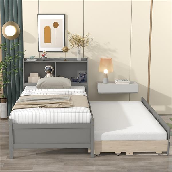 Twin Bed with Twin Trundle,Drawers,Grey