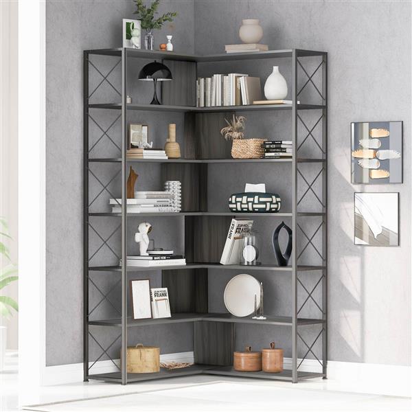 Silver+Grey 7-Tier Bookcase Home Office Bookshelf,  L-Shaped Corner Bookcase with Metal Frame, Industrial Style Shelf with Open Storage, MDF Board