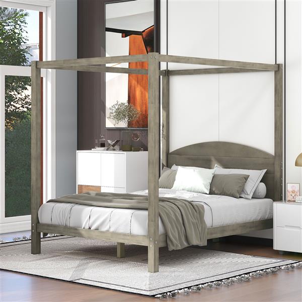 Queen Size Canopy Platform Bed with Headboard and Support Legs,Brown Wash