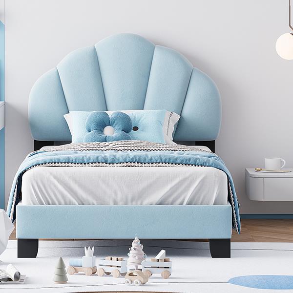 Twin Size Upholstered Velvet Platform Bed with Shell-Shaped Headboard, Blue