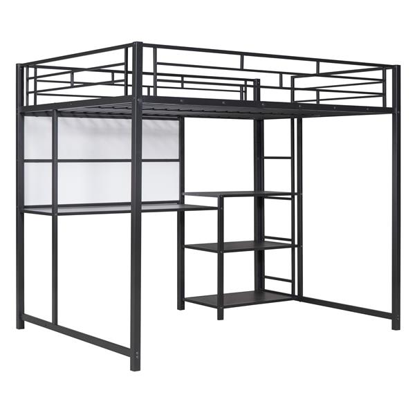 Full Size Loft Bed with Desk and Whiteboard, Metal Loft Bed with 3 Shelves and Ladder, Black