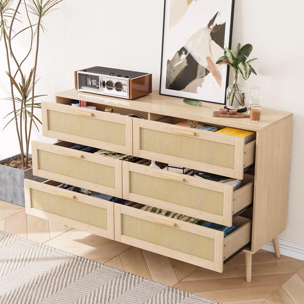 Rattan 6 Drawers Chest of Dressers for Bedroom, Modern 6 Drawer Dresser, Wide Chest of Drawers with wood Handles, Rattan Dresser Storage Cabinet for Living Room, Bedroom, Hallway 