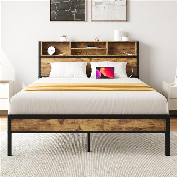 Full Size Bed Frame with Storage Headboard, Metal Platform Bed with Charging Station,  Bookcase Storage, No Box Spring Needed, Easy Assembly, Noise-Free, Black