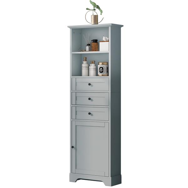 Grey Tall Storage Cabinet with 3 Drawers and Adjustable Shelves for Bathroom, Kitchen and Living Room, MDF Board with Painted Finish