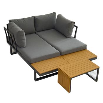 Aluminum Patio Furniture Set, Outdoor L-Shaped Sectional <b style=\\'color:red\\'>Sofa</b> with Plastic Wood Side Table and Soft