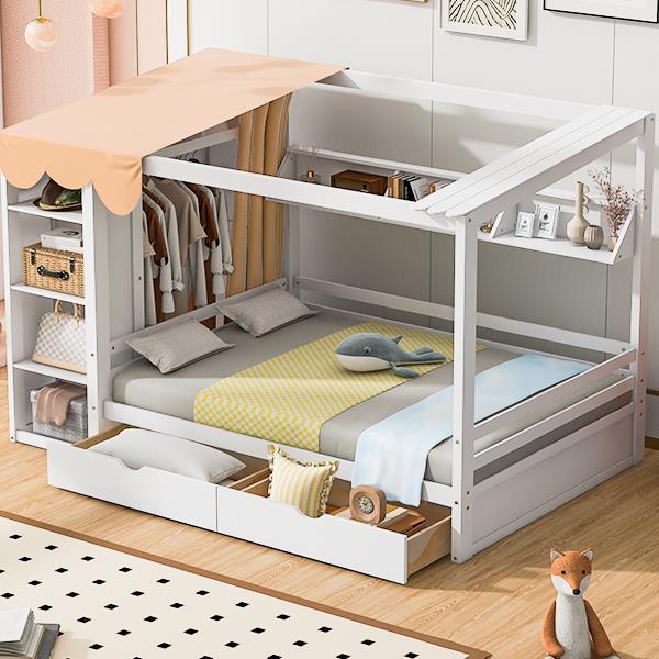 Full size House Bed with Two Drawers and Wardrobe,White