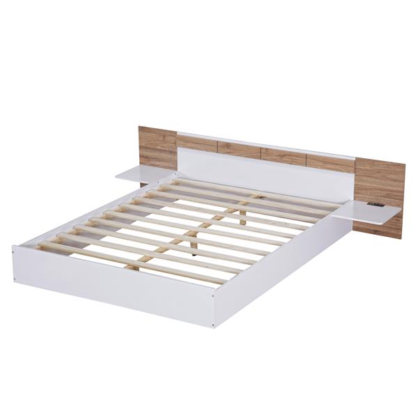 Queen Size Platform Bed with Headboard, Shelves, USB Ports and Sockets, White