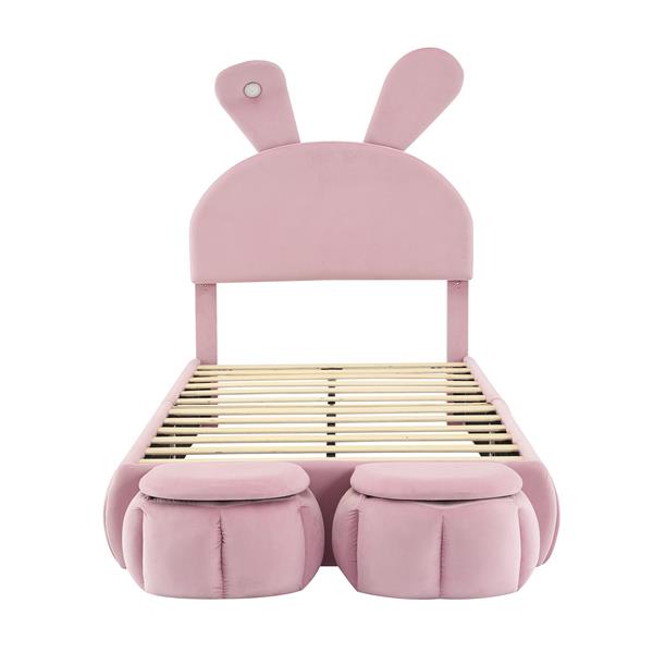 Twin Size Upholstered Platform Bed with Cartoon Ears Shaped Headboard and Light, Pink