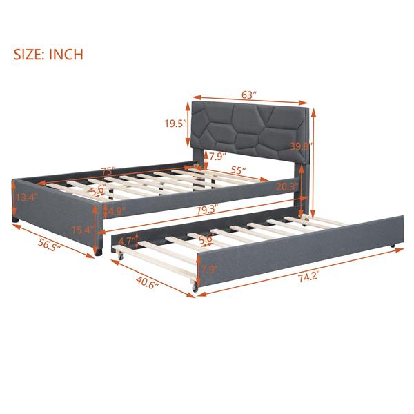 Full Size Upholstered Platform Bed with Brick Pattern Headboard and Twin Size Trundle, Linen Fabric, Gray