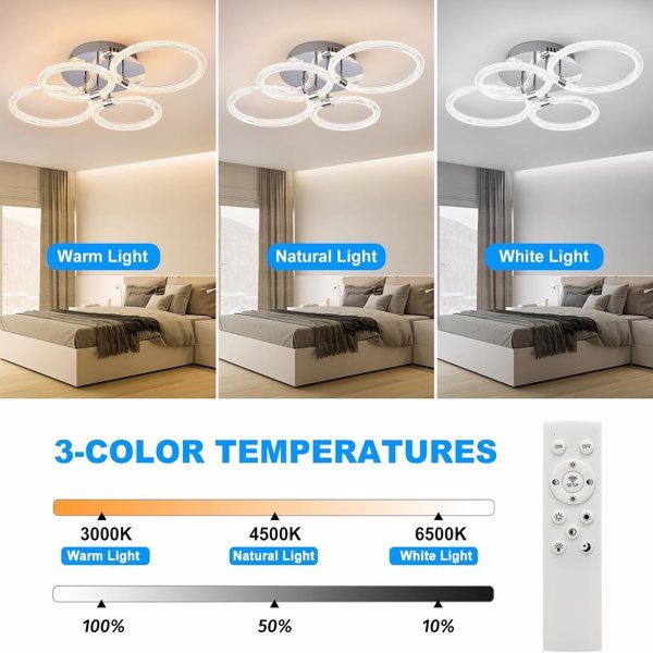 Modern LED Flush Mount Ceiling Light with Dimmable Remote Control, 6Rings Acrylic for Bedroom, Living Room, Kitchen, Office Lamps (4 heads)[Unable to ship on weekends, please note that]