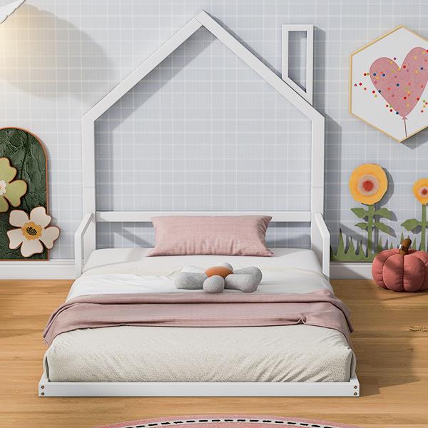 Twin Size Metal Floor Bed with House-shaped Headboard, White