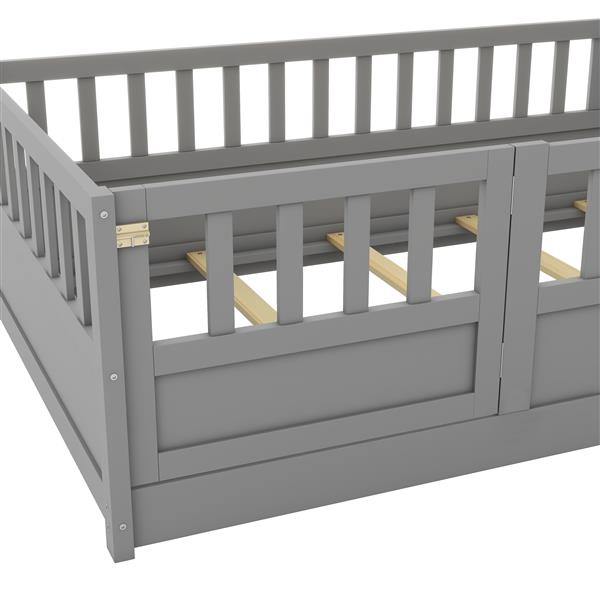 Twin Size Floor bed, integral construction with super high security barrier, door, children's floor bed frame, Montessori wooden children's floor bed, Support slat Grey