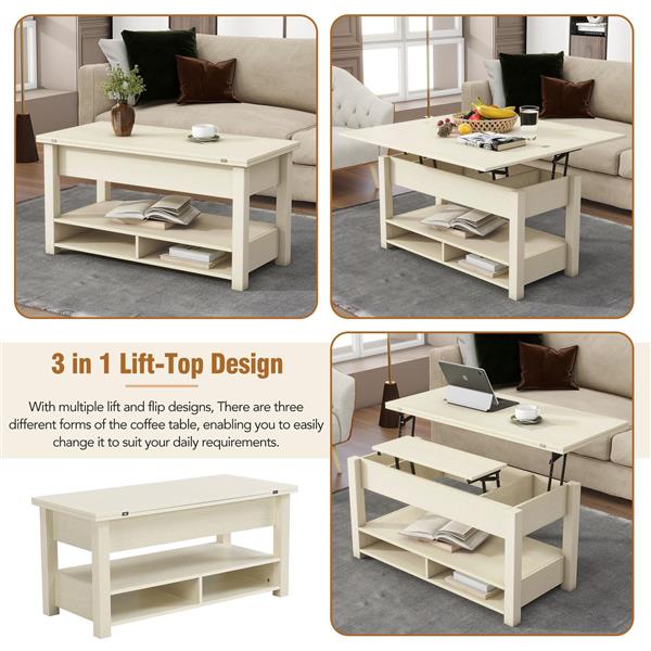 [VIDEO provided] Lift Top Coffee Table, Multi-Functional Coffee Table with Open Shelves, Modern Lift Tabletop Dining Table for Living Room, Home Office, Rustic Ivory