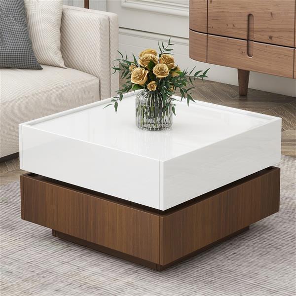 Multi-functional Square 360°Rotating Coffee Table with 2 Drawers, High Gloss 2-Tier Center Table with Swivel Tabletop and Storage, Walnut Table Frame Side Table for Living Room, White