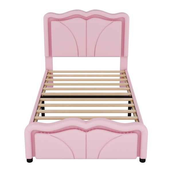 Twin Size Upholstered Platform Bed with Curve Shaped and Height-adjustbale Headboard,LED Light Strips,Pink