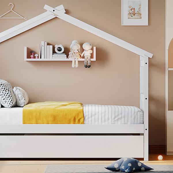 Twin Size Wooden House Bed with Twin Size Trundle, White