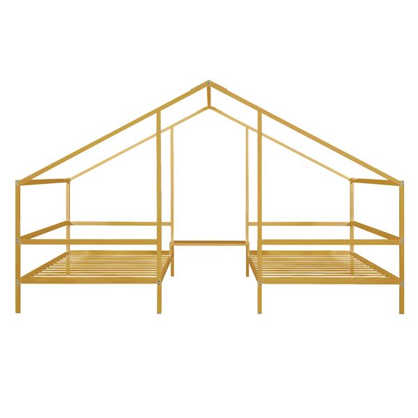 Metal Double Twin Size Triangular House Beds with Built-in Table, Gold