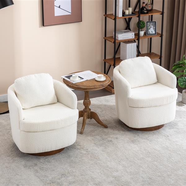 035-Boucle Fabric Swivel Chair With Soild Wood Round Brown Base Leg,Ivory