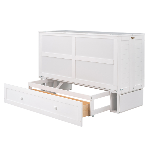 Queen Size Mobile Murphy Bed with Drawer and Little Shelves on Each Side,White 