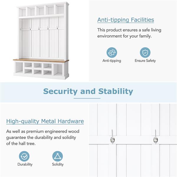 Farmhouse Wooden Style 78''H Modern Hall Tree with Wide Storage Seating Bench, Entryway Shoe Cabinet with 13 Compartments, Elegant Coat Rack with 6 Hooks for Mudroom, Living room, White