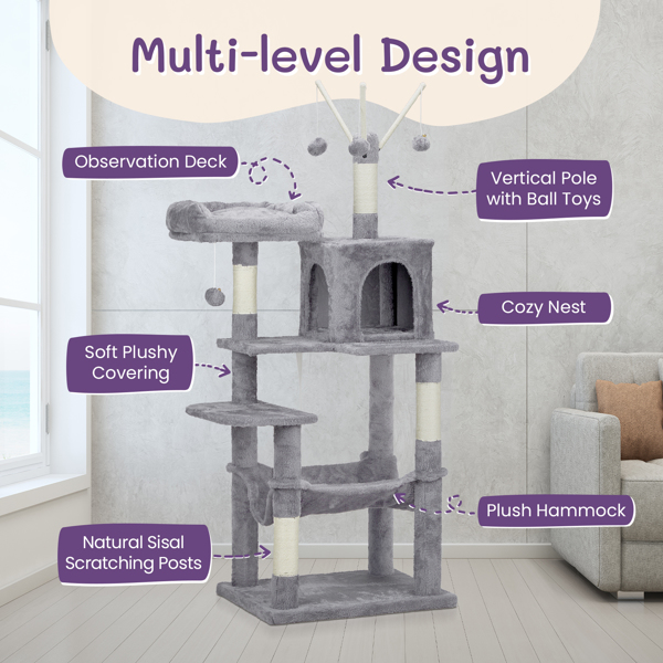 57 inch Cat Tree Cat Tower for Indoor Cats, Cat House with Padded Platform Bed, Toy Balls, Large Cozy Condo and Sisal Scratching Posts, Light Grey