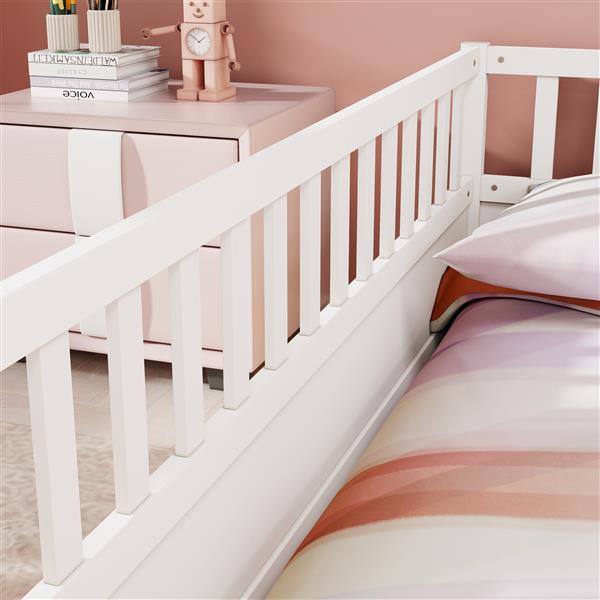 Full size  Floor bed, integral construction with super high security barrier, door, children's floor bed frame, Montessori wooden children's floor bed, white