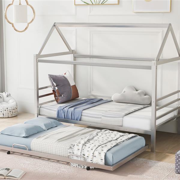 Twin Size Metal House Shape Platform Bed with Trundle,Silver