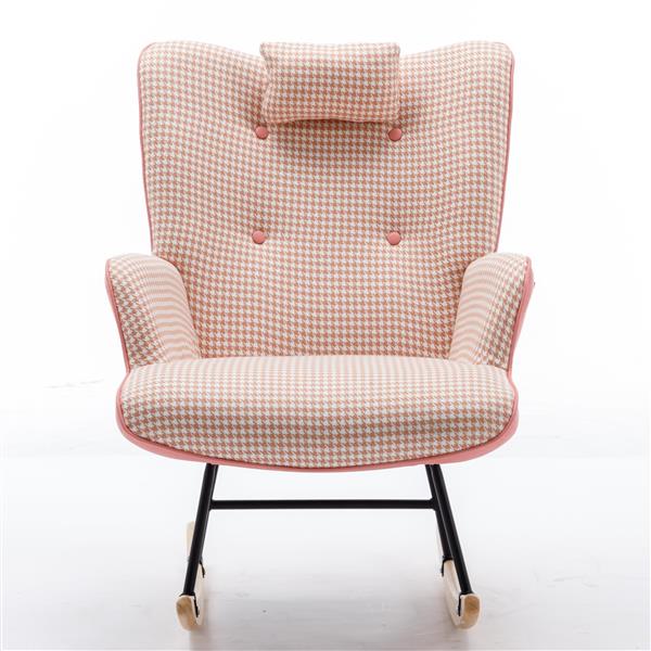 35.5 inch Rocking Chair, Soft Houndstooth Fabric Leather Fabric Rocking Chair for Nursery, Comfy Wingback Glider Rocker with Safe Solid Wood Base for Living Room Bedroom Balcony (pink)