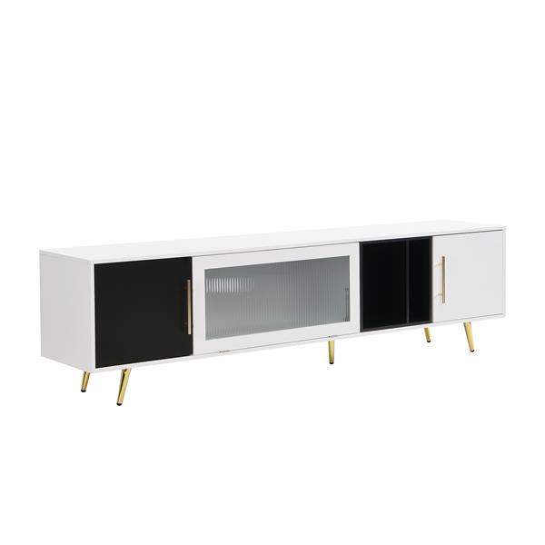 Stylish TV Stand with Golden Metal Handles&Legs, Two-tone Media Console for TVs Up to 80", Fluted Glass Door TV Cabinet with Removable Compartment for Living Room, White