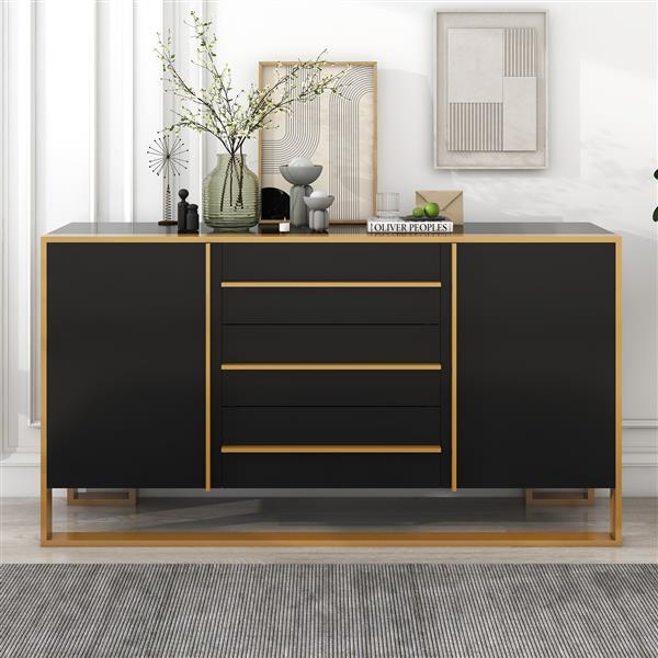 Modern Style 59"L Sideboard with Large Storage Space and Gold Metal Legs for Living Room and Entryway (Black)