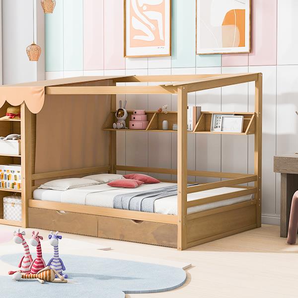 Full size House Bed with Two Drawers and Wardrobe,Natural