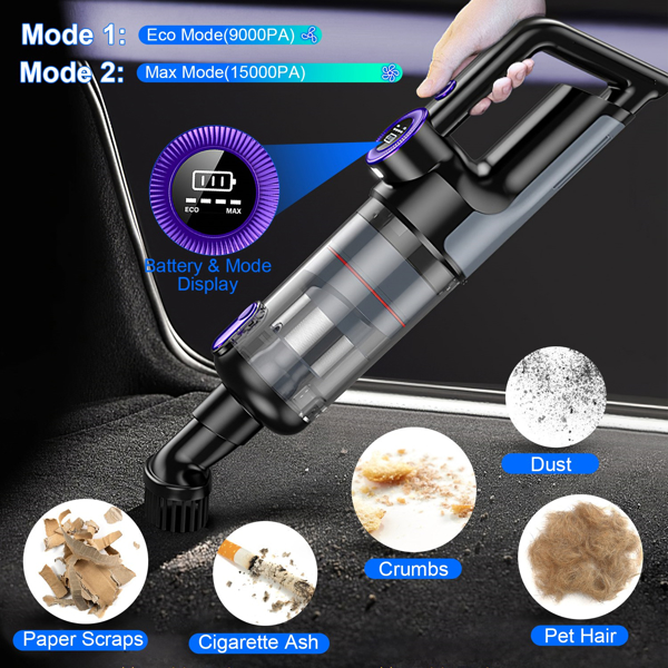 3 In 1 Handheld Vacuum Cleaner Cordless Car Vacuum 15000PA Rechargeable Duster with 2 Modes 2 Washable Filters Digital Display