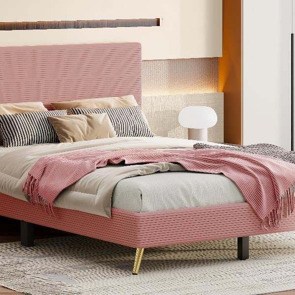 Queen Size Corduroy Upholstered Bed Frame, Platform Bed with Horizontal Stripe Headboard, No Box Spring Needed, Pink