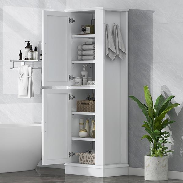 Tall Bathroom Storage Cabinet, Freestanding Storage Cabinet with Hook and Adjustable Shelf, MDF Board, White