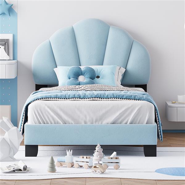 Twin Size Upholstered Velvet Platform Bed with Shell-Shaped Headboard, Blue