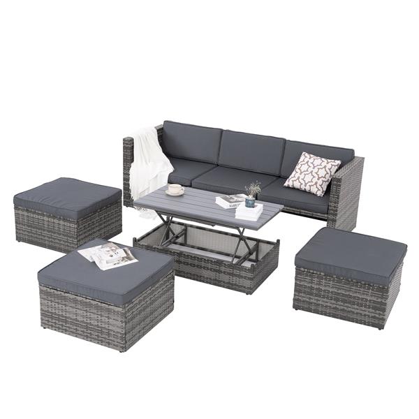 Patio Furniture, Outdoor Furniture, Seasonal PE Wicker Furniture,5 Set Wicker Furniture With Plywood Coffee Table,with lift TOP Coffee Table,with Lounger Sofa