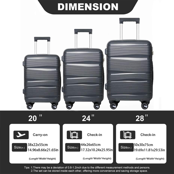 Hardshell Suitcase Spinner Wheels PP Luggage Sets Lightweight Durable Suitcase with TSA Lock,3-Piece Set (20/24/28)Dark Gray2302