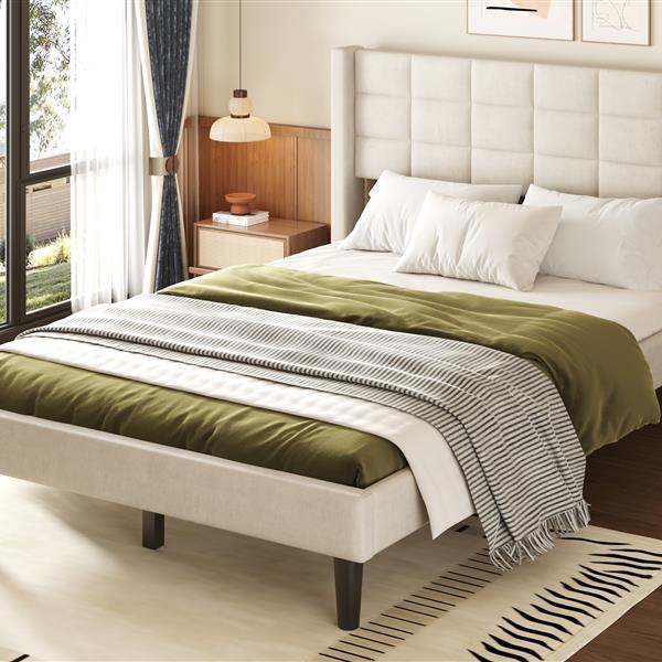 Queen Size Upholstered Platform Bed with Support Legs, Beige