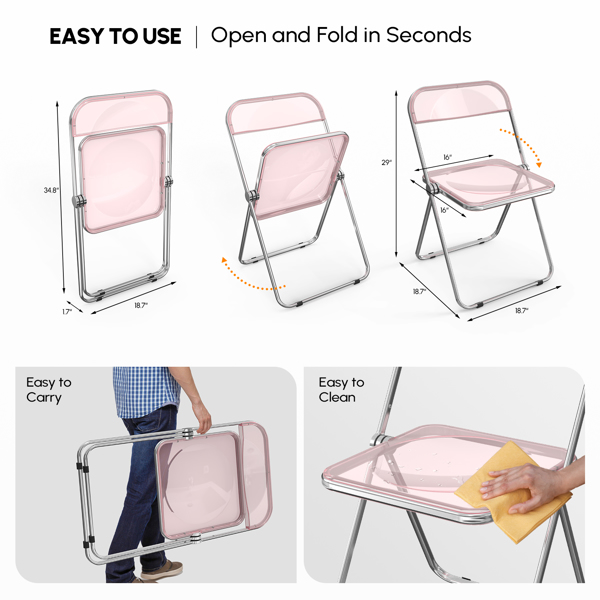 2pcs Foldable Patio Plastic Folding Chairs Pink Transparent