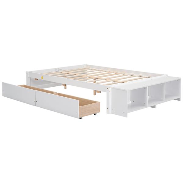 Full Size Bed with Storage Case, 2 Storage drawers, Lengthwise Support Slat,White