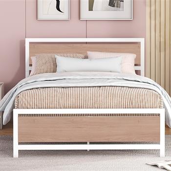 Full Size Platform Bed, Metal and Wood Bed Frame with Headboard and Footboard , White