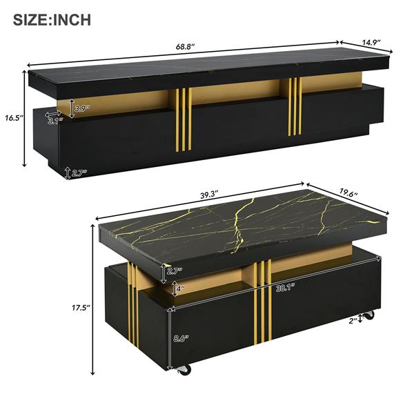 Modern Luxury TV Stand and Coffee Table Set of 2, High Gloss Faux Marble Top, TV Stand for TVs Up to 78'', Rectangle Coffee Table with Caster Wheels for Living Room, Black