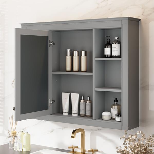 35'' x 27.5'' Medicine Cabinet, Wall Mounted Bathroom Storage Cabinet, Modern Bathroom Wall Cabinet with Mirror, Mirror Cabinet with 6 Open Shelves (Not Include Bathroom Vanity )