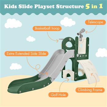 Kids Slide Playset Structure 5 in 1,   Spaceship Set with Slide, Telescope and Basketball Hoop, Golf Holes for Toddlers, Kids Climbers Playground