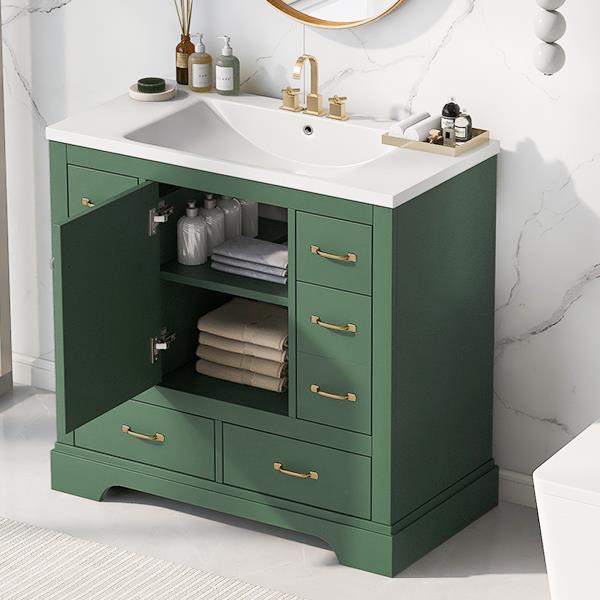 36" Bathroom Vanity with Sink Combo, Six Drawers, Multi-Functional Drawer Divider, Adjustable Shelf, Green